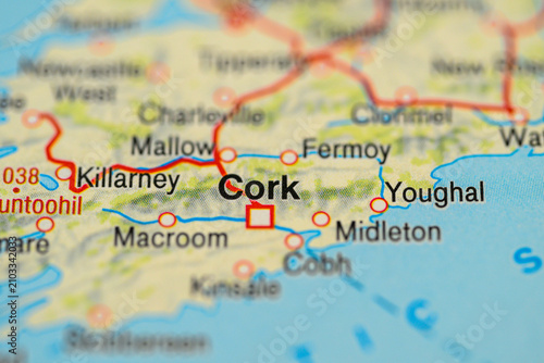 Macro travel map detail highlighting Cork Ireland road route planning.