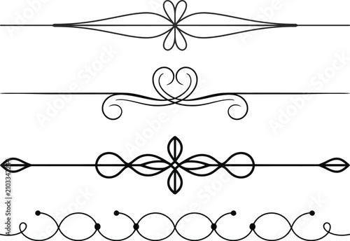 Collection of decorative black line art page dividers, text separators with elegant flourishes.