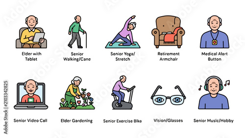 Active Senior Citizen Technology Icon 
Set — 10 Rounded Black Outline White 
Background Elder Lifestyle Vector EPS PNG