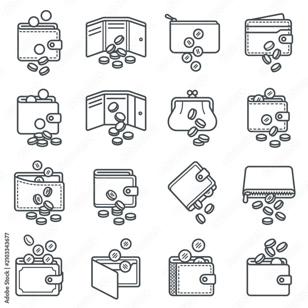 Fototapeta premium Wallet and money spending transaction line icons.