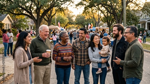 Neighbors of various ages, ethnicities, and professions gathered at a local community event; authentic conversations, natural smiles, soft late-afternoon light.