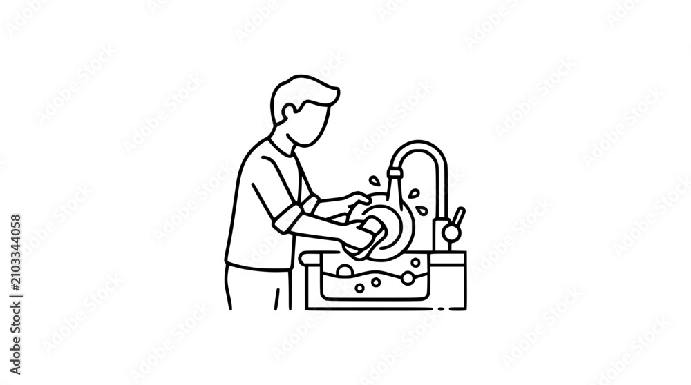 Fototapeta premium Man Washing Dishes in Kitchen Sink Line Art