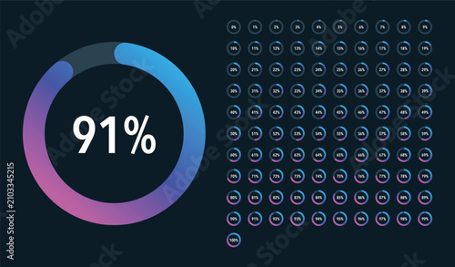 Set of gradient infographic percentage piecharts / segment of hole circle icons 0% - 100%, simple flat design loading data interface elements app button ui ux web, vector isolated on dark background
