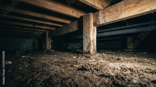House crawl space with exposed soil and wooden beams needing repair.