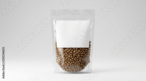 Clear plastic bag filled with fresh pet food kibble on an isolated background.