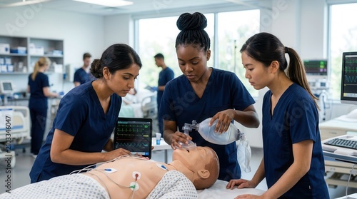 Medical students practicing emergency response scenarios on mannequins in a classroom.