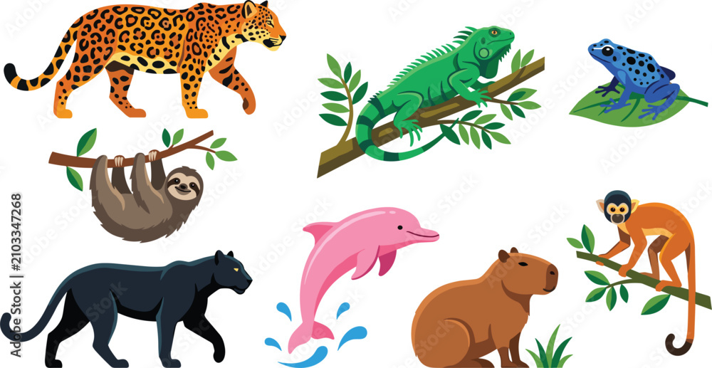 Obraz premium Amazon Rainforest Animals Vector Illustration Set Featuring Jaguar Iguana Poison Dart Frog Sloth Pink Dolphin Capybara Monkey Panther