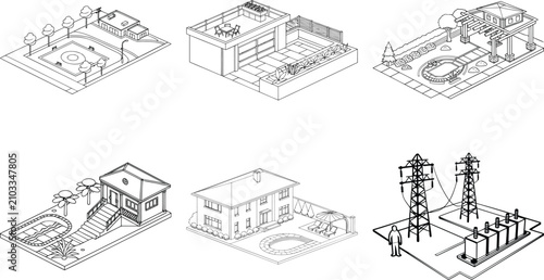 Architectural water feature plans and utility infrastructure layouts