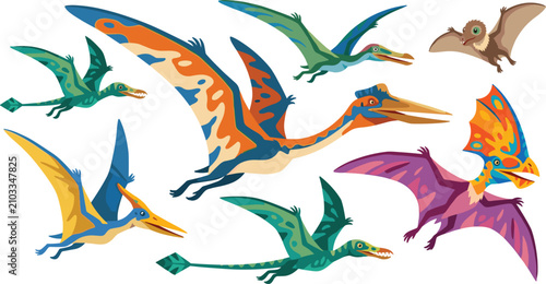 Cuadro en lienzo Prehistoric Flying Reptiles and Pterosaurs Dinosaurs Vector Illustration Set Fea