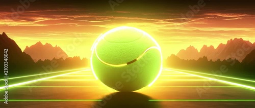 A vibrant tennis ball glows on a neon-lit court. Mountains and a fiery sky create a dynamic, futuristic scene.
