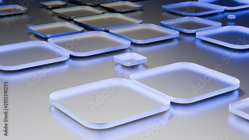 Glowing white trays arranged on a reflective metallic surface