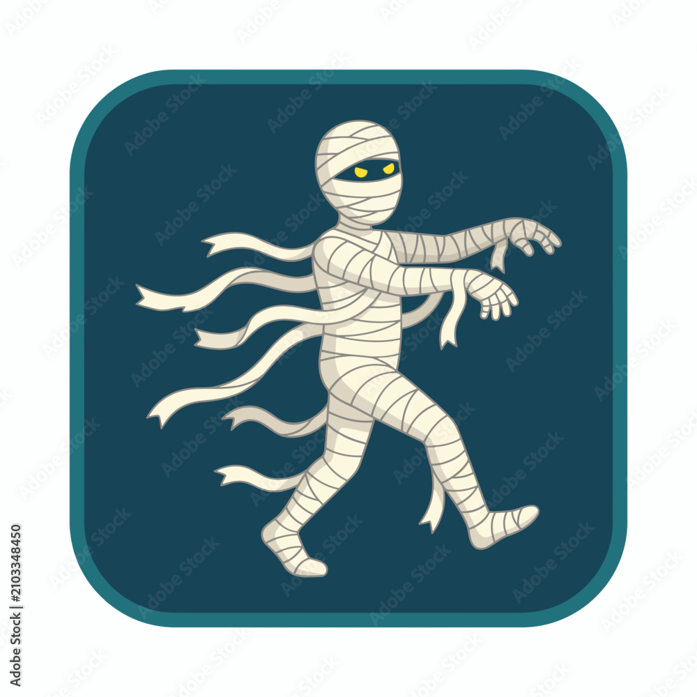 Fototapeta premium Friendly Halloween mummy character icon with yellow eyes and flowing bandages in a flat vector style PNG Isolated on transparent background : characters badge elements for halloween