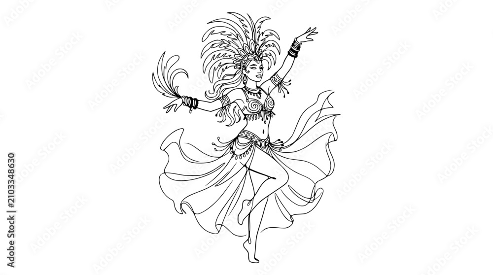 Fototapeta premium Elegant Dancer in Feathered Costume, Expressive Pose, Outline Illustration