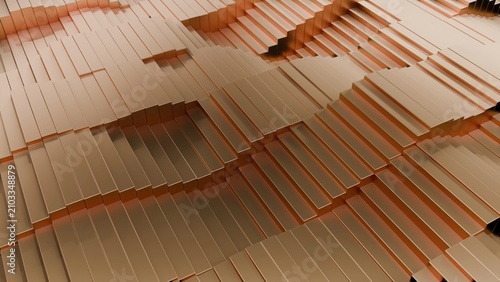 Polished Copper Surface Featuring Layered Sculptures And Vibrant Cinematic Lighting Effects