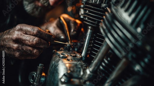 Mechanic with dirty hands working on motorcycle engine. Maintenance and repair concept.