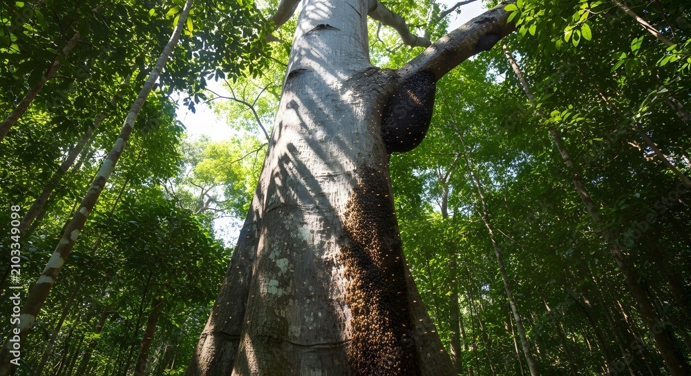 Fototapeta premium Large tropical tree in a dense rainforest. Ancient jungle flora with lush green foliage.