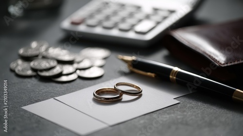 Two wedding rings on paper with coins and a dark leather wallet. Divorce financial concept.