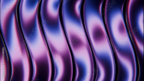 Glossy ribbed surface with shifting specular bands in saturated indigo, violet, magenta light and smooth curved contours, creating vivid abstract rhythm and reflective depth