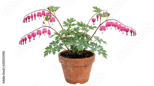 Bleeding heart plant in terracotta pot, pink Dicentra spectabilis flowers on white background, spring garden floral arrangement in clay planter