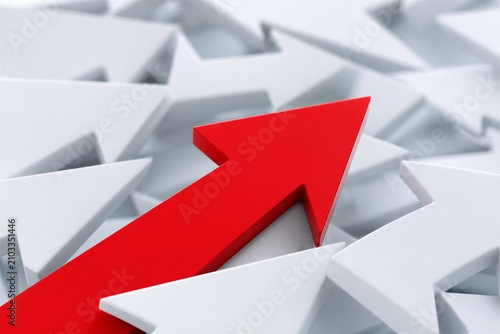A Bold Contrarian Arrow Moving Against a Multitude of Conventional Arrows, Symbolizing Disruptive Innovation and Unique Business Strategy.