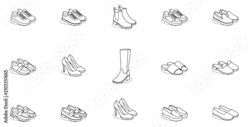 Fotografie Collection of black and white outline drawings of various footwear types includi