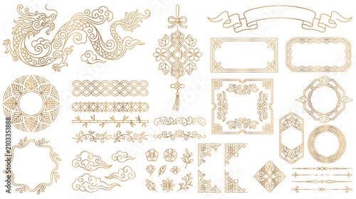 Cuadro en lienzo Asian traditional golden decorative ornaments and frames set.