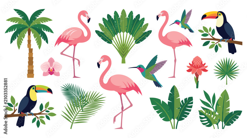 Naklejka premium Set of exotic birds, hummingbirds, and tropical leaves.