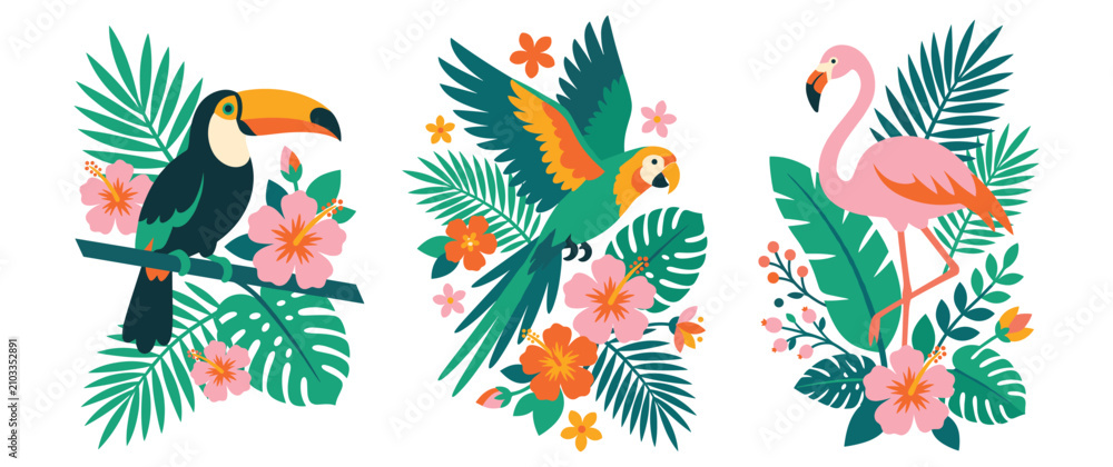 Obraz premium Exotic birds and tropical leaves on white background.