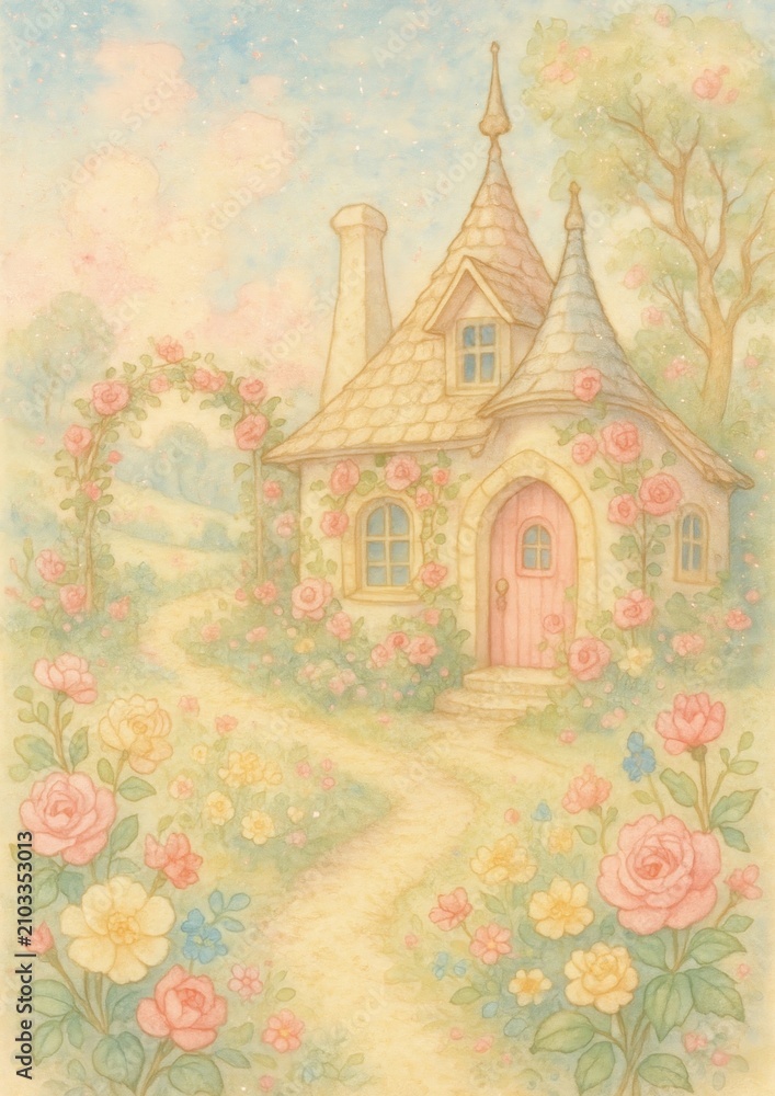 Obraz premium Whimsical cottage amidst blooming flowers.