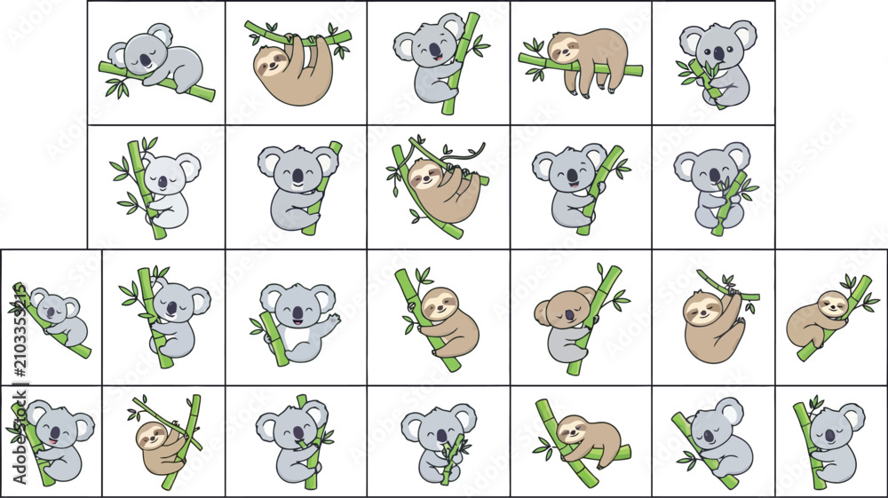 Obraz premium Cute cartoon koalas and sloths climbing on bamboo branches vector collection