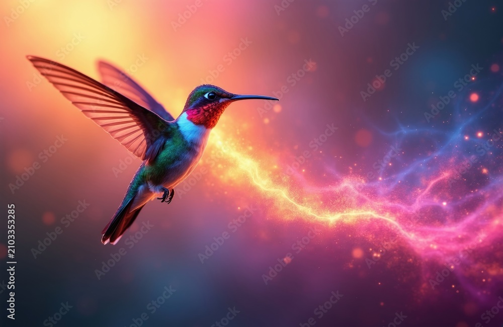 Fototapeta premium Small hummingbird flies in air. Vivid bird wings flap fast creating bright energy trail of neon light against soft dusk sky. Tiny creature hovers with motion blur effect. Nature wildlife meets