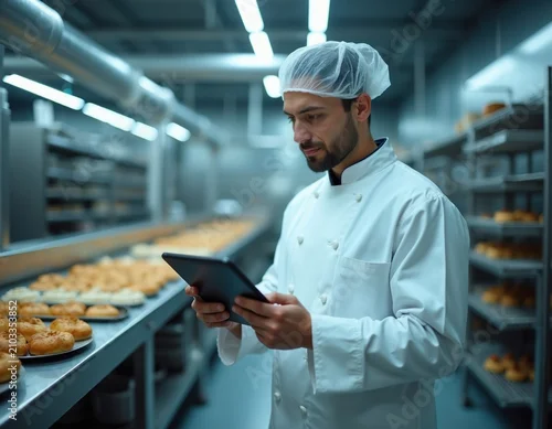 Obraz Baker in uniform checks recipes on tablet. Man works in production line at food factory. Chef manages baking process using modern tech device in bakery.