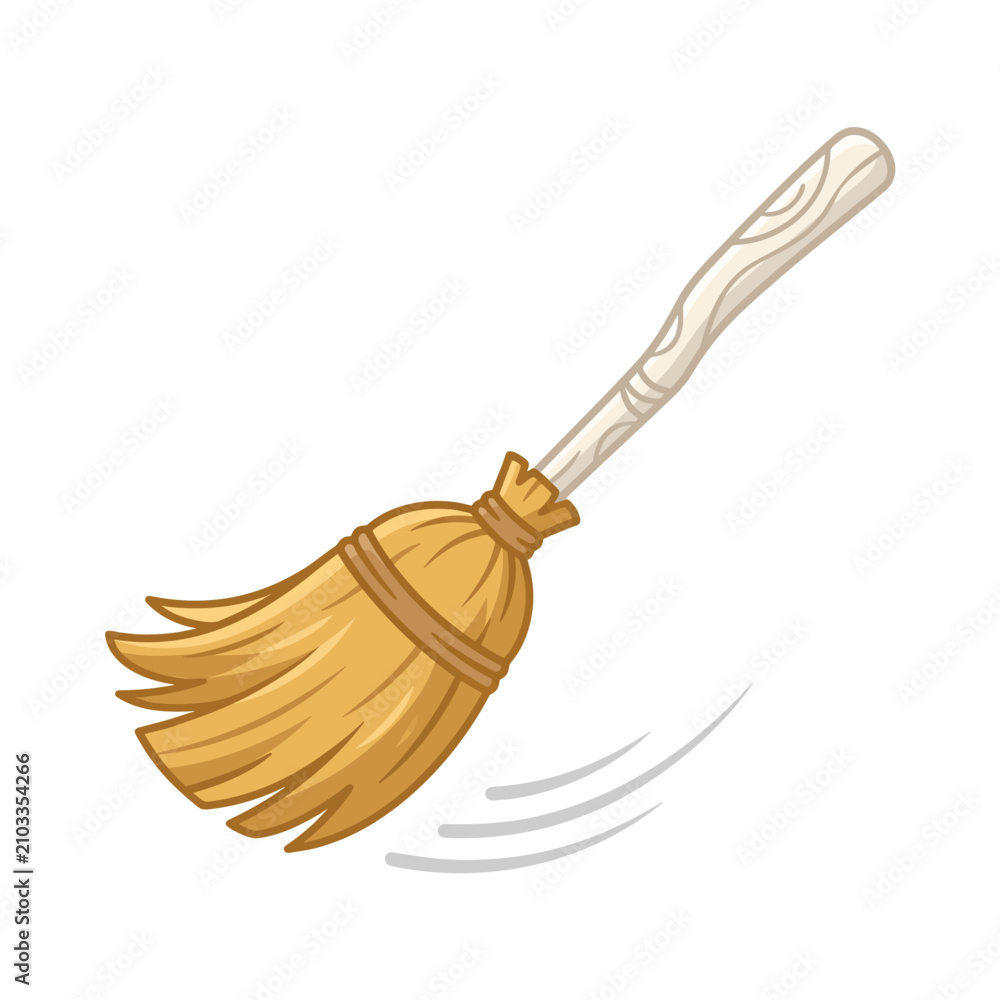 Obraz premium Cartoon broom with straw bristles and wooden handle sweeping with motion lines PNG Isolated on transparent background : characters and elements for halloween