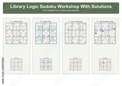 Library Sudoku workshop with solutions featuring four sudoku grids  