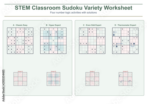 STEM classroom Sudoku variety worksheet with four number puzzles 