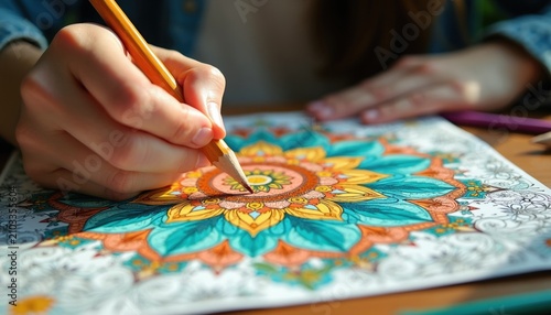 Person colors intricate mandala pattern with pencil. Creative hobby promotes calm and focus. Adult coloring book aids mental wellness and relaxation.