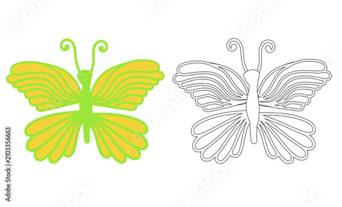 Butterfly coloring page for kids with a color sample. Vector illustration isolated on a white background.