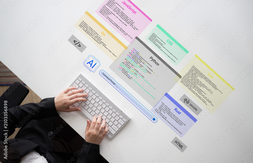 Obraz premium A programmer actively engages with a keyboard while surrounded by vibrant programming language panels, emphasizing technology, innovation, and coding education. Cyphers