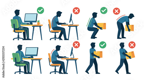 Foto Proper and improper body posture for sitting and lifting weights
