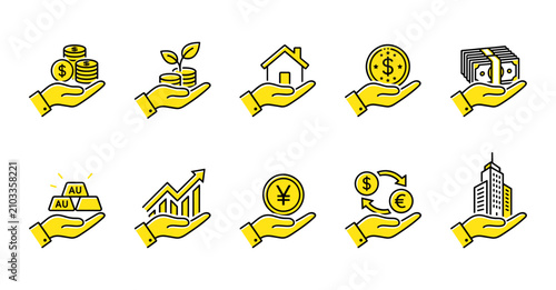 Collection of investment and growth icons showing hands holding financial assets real estate monetary symbols with investment business property