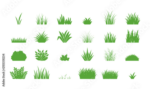 Fotografie Set of assorted green grass blades and shrub icons in flat vector style with bot