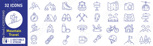 Obraz na płótnie 32 Mountain Travel Vector Outline Icons Set – Hiking, Camping, Adventure Tourism