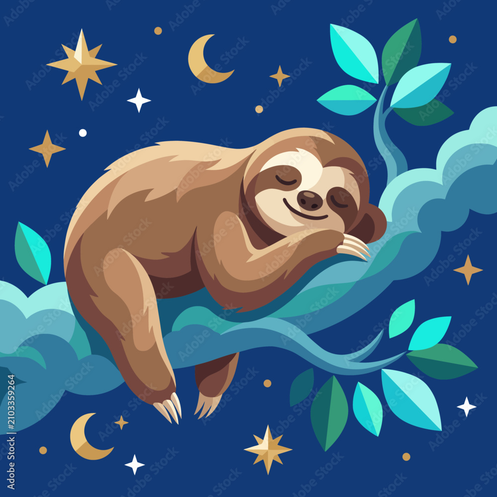 Fototapeta premium A peaceful sloth rests on a branch under a starry sky, embodying tranquility and a slow pace of life while surrounded by the beauty of celestial nature and dreams.