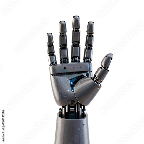 Metallic robot hand extending forward with the palm open and fingers spread
