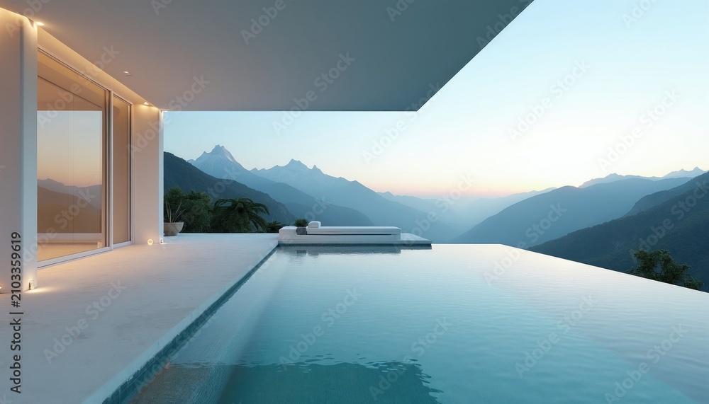 Fototapeta premium Modern luxury villa features infinity pool with serene mountain landscape view. Contemporary minimalist architecture home offers peaceful outdoor terrace space. Elegant residence provides tranquil