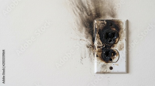 Burnt electrical outlet on a white wall, showing damage from an electrical fire or short circuit, a dangerous household hazard