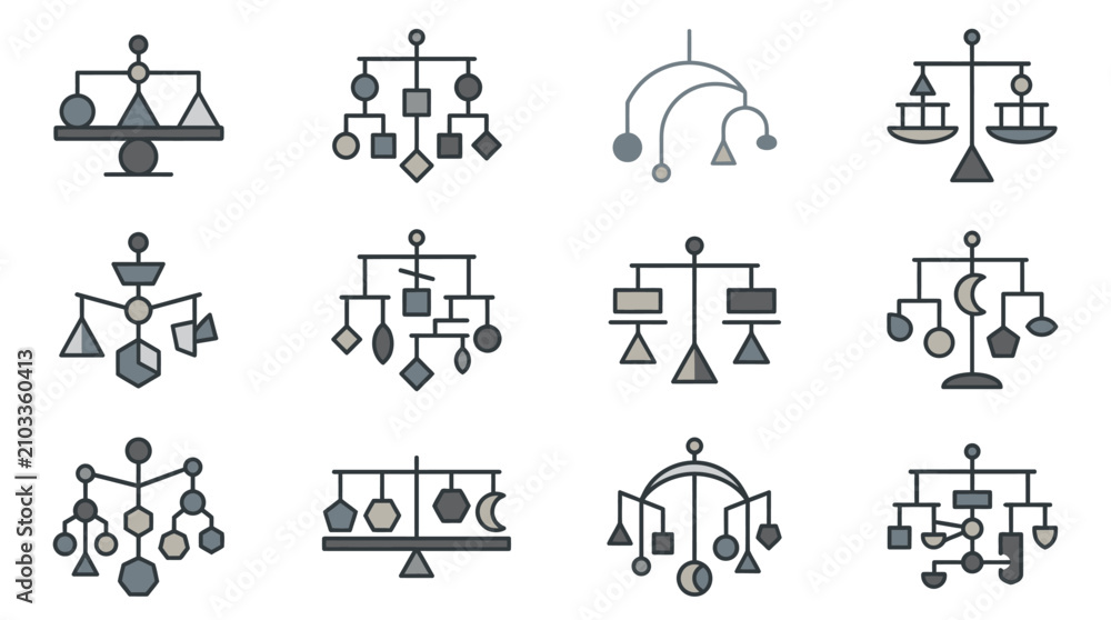 Fototapeta premium Balance scale and kinetic mobile structure icons.