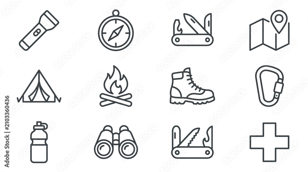 Fototapeta premium Basic survival kit and camping equipment icons.