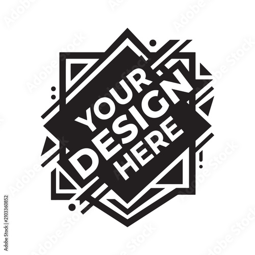 Dynamic black geometric design element with text placeholder for custom graphic or logo.
