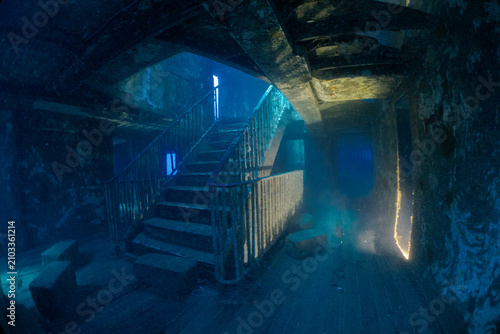 Tableau sur toile Interior view of the famous staircase inside the MV Karwela shipwreck near Gozo, Malta